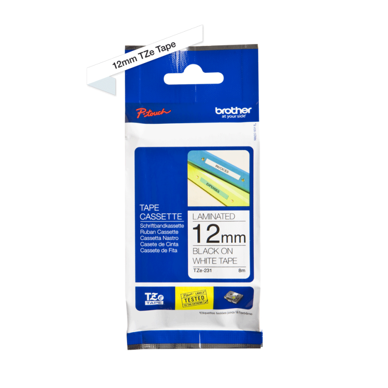 Lint Brother TZE231, 12mm must/valge