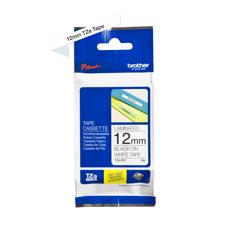 Lint Brother TZE231 12mm must/valge