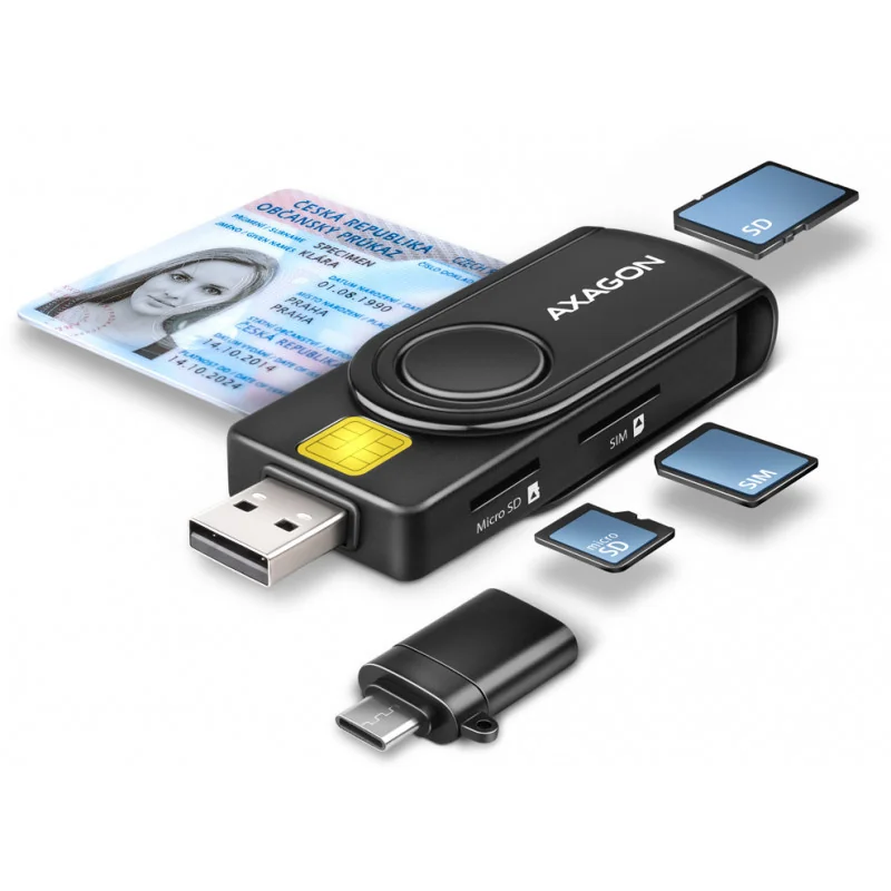 Считыватель ID-карты, считыватель карт памяти, AXAGON, USB-A, USB-C, CRE-SMP2A