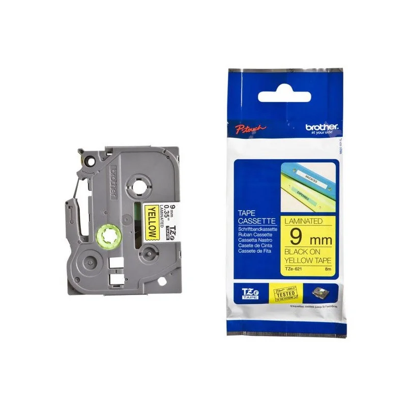 Кассета с лентой для печати наклеек черным на желтом фоне Brother (8 м x 9 мм), TZE621