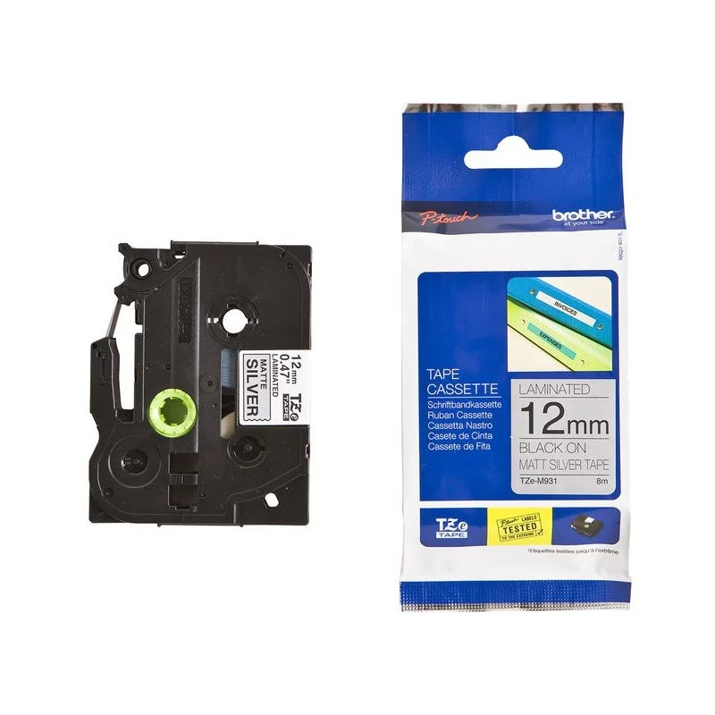 Кассета с лентой для печати наклеек черным на желтом фоне Brother (8 м х 12 мм), TZEM931